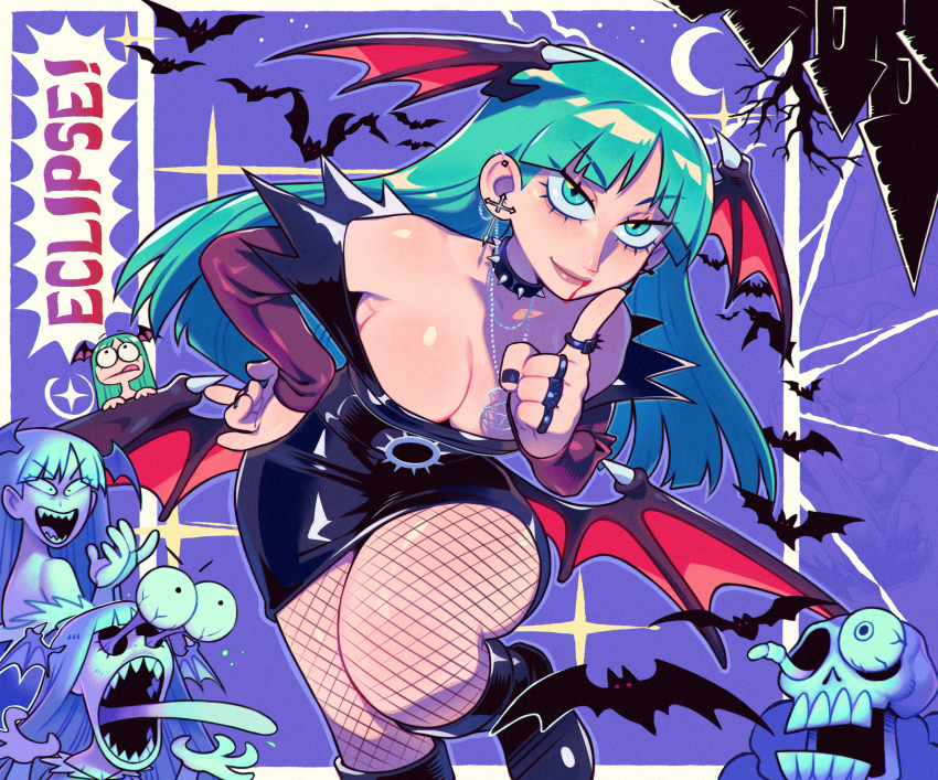 1girl bare_shoulders bat_(animal) bat_wings black_dress blood blood_on_face blue_eyes blue_hair blunt_bangs boots breasts castle cleavage cloud collar crescent_moon darkstalkers dress earrings fishnet_pantyhose fishnets goth_fashion hand_on_own_hip highres jewelry long_hair looking_at_viewer miniskirt moon morrigan_aensland necklace night pantyhose pentagram sharp_teeth shiny_clothes shiny_skin skirt skull speedoru spiked_collar spikes star_(sky) teeth tongue tongue_out tree wings