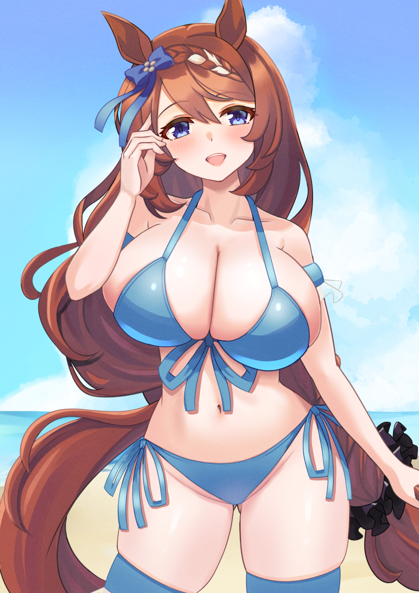 1girl absurdres animal_ears beach bikini blue_eyes blush breasts brown_hair cleavage collarbone commentary_request hair_between_eyes hair_ornament highres horse_ears horse_girl large_breasts laurel_1996 long_hair looking_at_viewer navel ocean open_mouth solo super_creek_(umamusume) swimsuit thighhighs umamusume