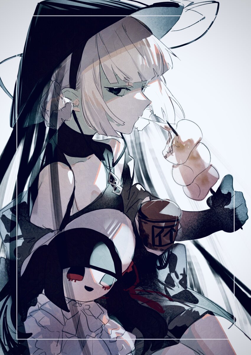 1girl absurdres adversarial_noise black_eyes character_doll eating fate/grand_order fate_(series) food grey_hair hat highres jingasa komahime_(fate) marshmallow nasubi_illust sen_no_rikyu_(fate) short_twintails skewer twintails