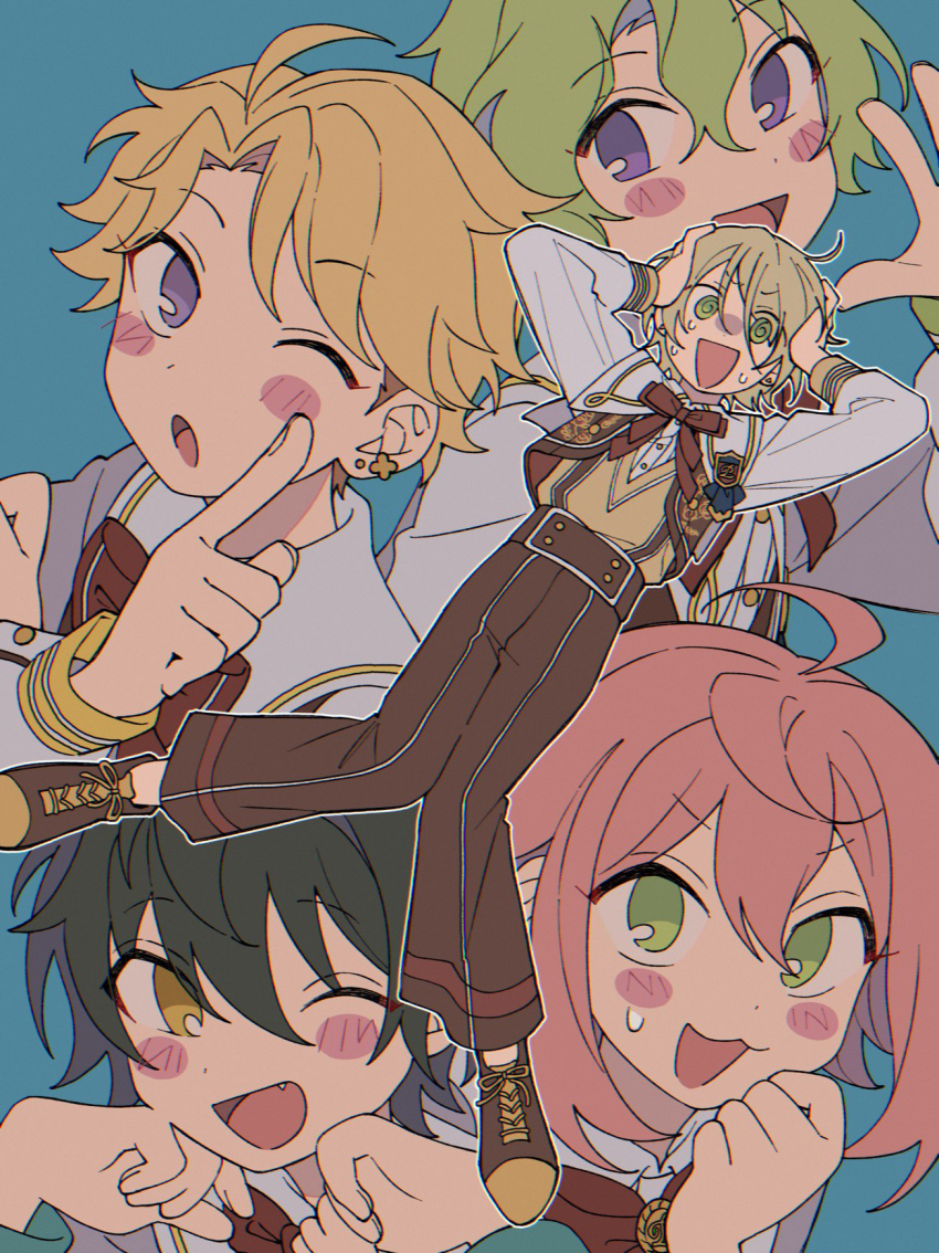 5boys @_@ blue_background blush_stickers chromatic_aberration collage ensemble_stars! fingernails flat_color hand_up hands_on_own_head hands_up highres himemiya_tori kagehira_mika male_focus multiple_boys narukami_arashi nervous_sweating niyororinpayamaru no_pupils open_mouth shiratori_aira_(ensemble_stars!) split_mouth sweat tomoe_hiyori