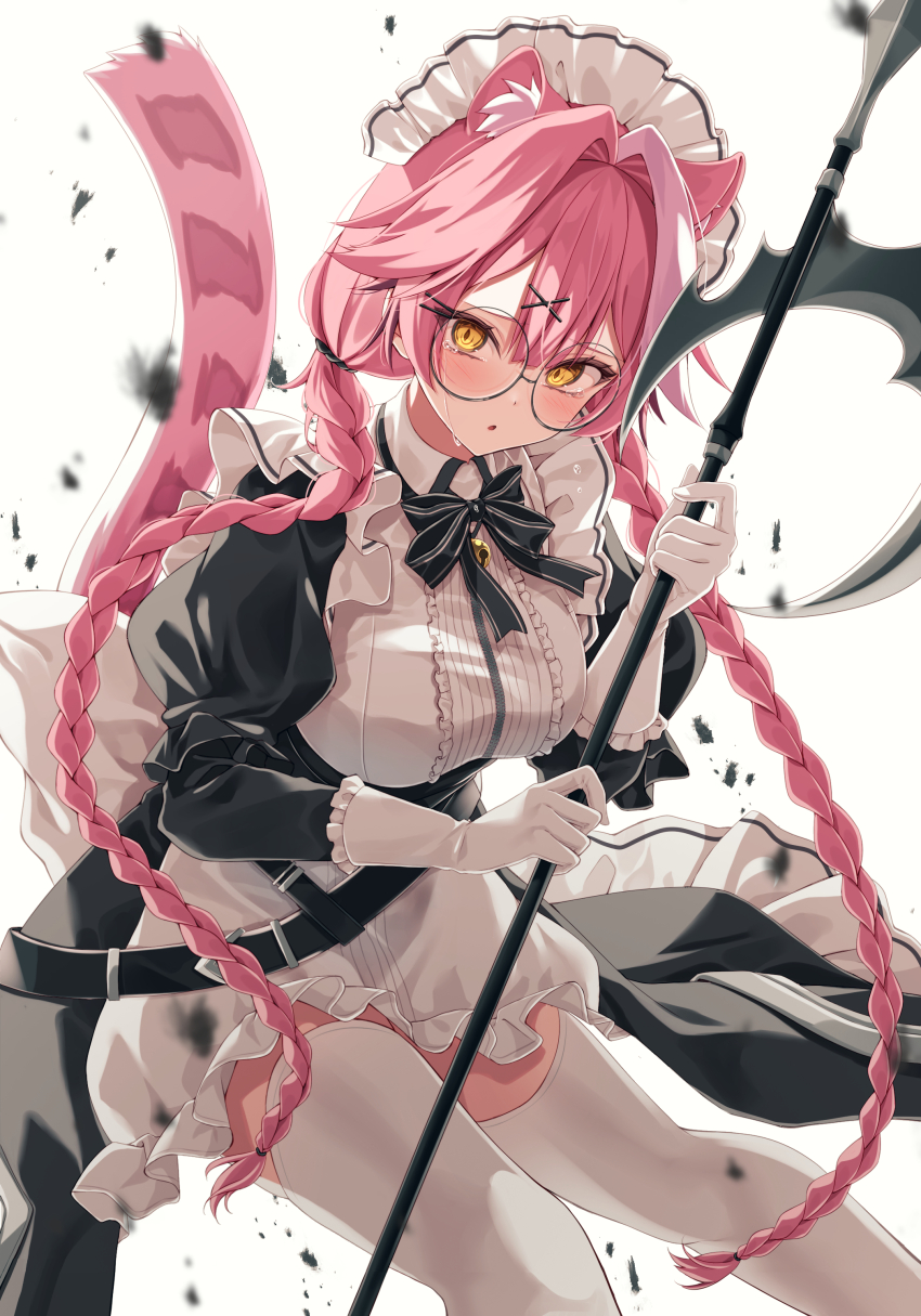 1girl absurdres animal_ears bell belt black_belt black_bow black_bowtie black_dress blush bow bowtie braid breasts center_frills commentary_request debris dress frilled_dress frills glasses gloves hair_intakes hair_ornament hair_tie hairclip highres holding holding_scythe hololive hololive_english jingle_bell large_breasts long_hair looking_at_viewer maid maid_headdress mogu_(au1127) multicolored_hair neck_bell open_mouth panther_ears panther_girl panther_tail pink_hair pink_tail raora_panthera sad scythe simple_background solo streaked_hair tail tears thighhighs thighs twin_braids twintails two-tone_hair underbust virtual_youtuber white_background white_gloves white_thighhighs yellow_eyes