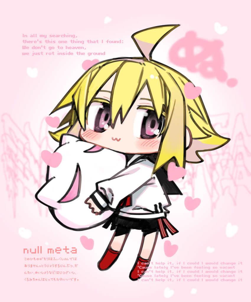 1girl :3 ahoge alternate_eye_color black_sailor_collar black_skirt blonde_hair blush chibi creature english_text heart highres holding holding_creature kokaki_mumose long_sleeves mixed-language_text moneko_(kokaki_mumose) null-meta pink_background pink_eyes red_socks sailor_collar school_uniform serafuku shirt short_hair simple_background skirt socks solo translation_request uozumi_kurumi white_shirt