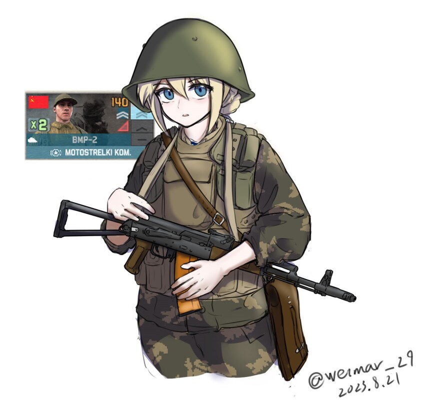 1boy 1girl 1other ak-74 aks-74 ammunition_pouch assault_rifle bag blonde_hair blue_eyes body_armor brown_bag brown_headwear brown_jacket brown_pants bulletproof_vest camouflage camouflage_jacket camouflage_pants chevron_(symbol) cold_war collared_jacket combat_helmet commentary commission cowboy_shot cropped_legs english_commentary expressionless field_cap folding_stock game_screenshot_inset green_headwear green_helmet gun gun_sling hair_between_eyes hair_bun hat helmet highres jacket kalashnikov_rifle load_bearing_vest looking_at_viewer messenger_bag military military_combat_uniform military_fatigues military_hat military_uniform pants parted_lips pixiv_commission portrait pouch rifle shirt short_hair shoulder_bag sidelocks simple_background single_hair_bun soldier solo_focus soviet soviet_army soviet_flag striped_clothes striped_shirt teeth telnyashka triangle twitter_username upper_teeth_only warno_(game) weapon weimar_29 white_background