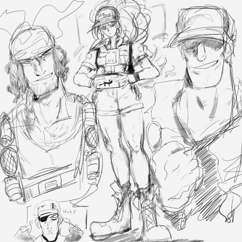 1girl absurdres boots box clark_still eyepatch glasses gloves hat heidern highres leona_heidern log0gog0 long_hair military military_hat military_uniform ponytail ralf_jones short_hair shorts smile standing the_king_of_fighters thighs