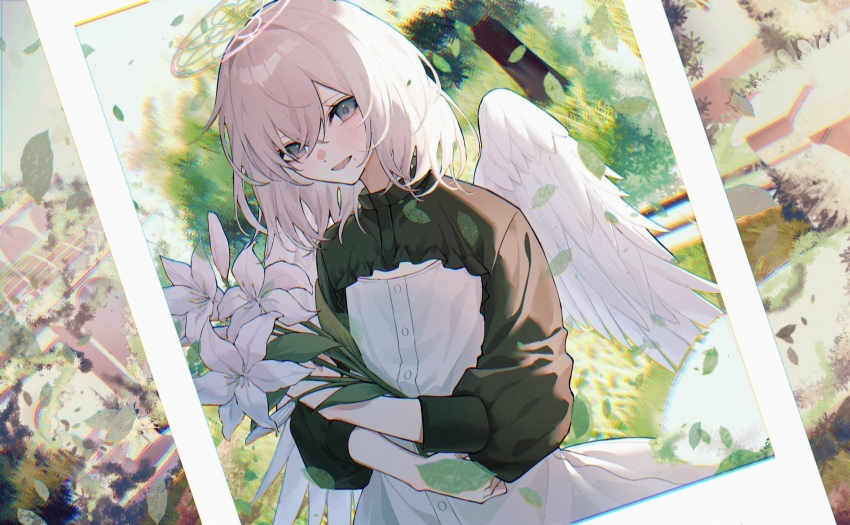 1girl angel black_shirt bouquet commentary_request cowboy_shot dress fake_photograph feathered_wings flower hair_between_eyes halo highres holding holding_bouquet long_sleeves looking_at_viewer open_mouth original outdoors pink_hair pink_halo polaroid_photo puffy_long_sleeves puffy_sleeves shirohanamame_(shiroha_nmm) shirt short_hair smile solo white_dress white_lily white_wings wings