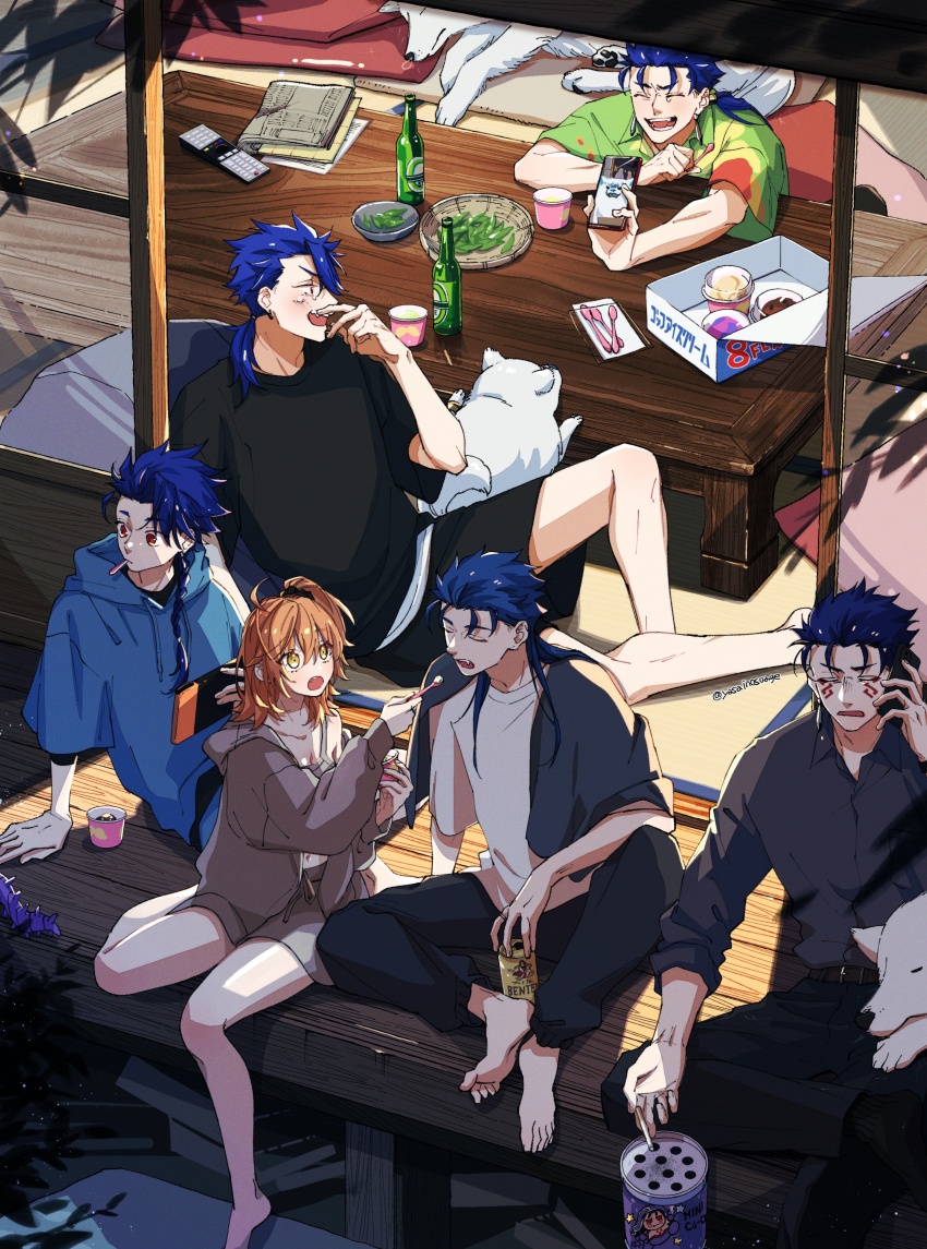 1girl 6+boys absurdres ahoge alternate_costume animal bare_shoulders black_scrunchie blue_hair blue_hoodie braid braided_ponytail casual cellphone cu_chulainn_(caster)_(fate) cu_chulainn_(fate) cu_chulainn_(fate/prototype) cu_chulainn_(fate/stay_night) cu_chulainn_alter_(fate) dog earrings eating facial_mark fangs fate/grand_order fate_(series) feeding food fujimaru_ritsuka_(female) hair_between_eyes hair_ornament hair_scrunchie handheld_game_console hawaiian_shirt highres holding holding_food holding_ice_cream holding_phone holding_spoon hood hoodie ice_cream jacket jewelry kajijii laughing long_hair long_sleeves multiple_boys navel one_side_up open_mouth orange_eyes orange_hair pants phone ponytail puppy red_eyes samoyed_(dog) scrunchie setanta_(fate) shirt short_hair shorts side_ponytail sitting smartphone smile spiked_hair spoon tank_top tattoo tearing_up utensil_in_mouth white_dog white_shirt white_wolf wolf