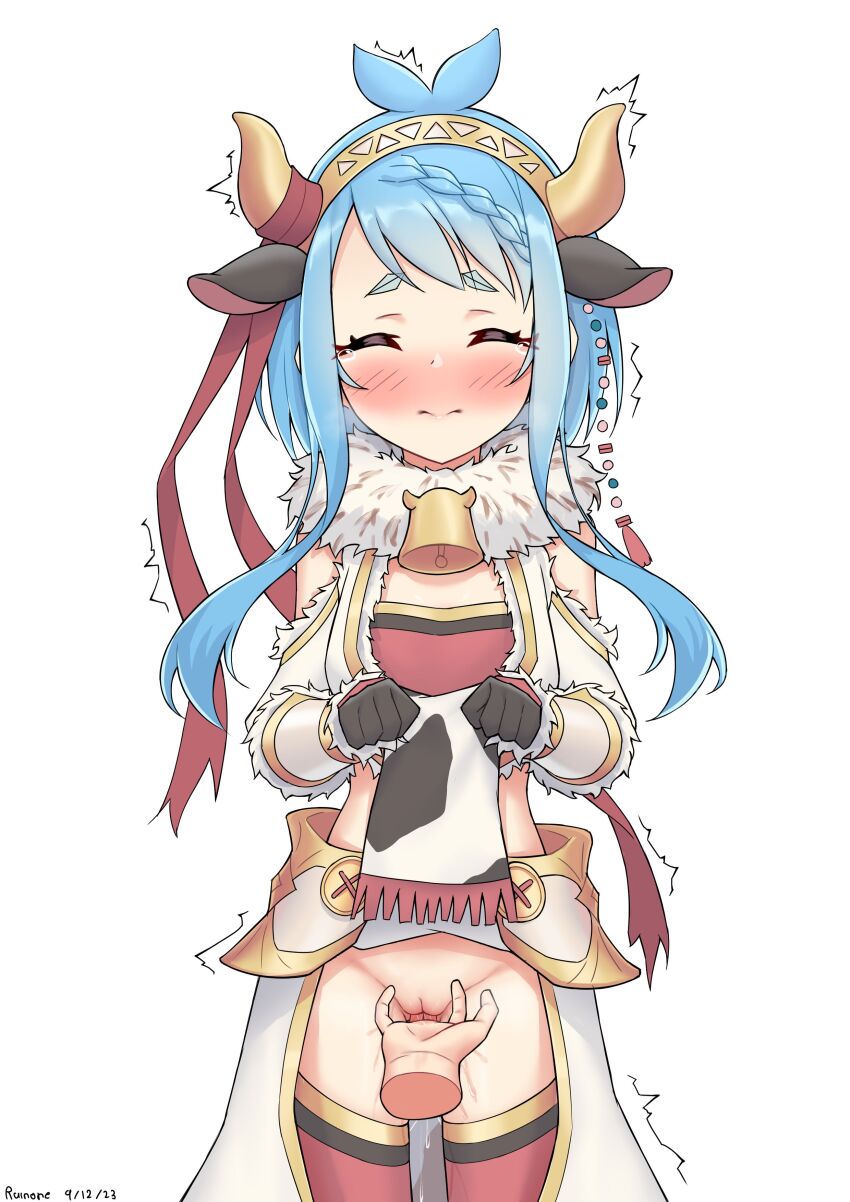 1girl absurdres animal_ears animal_print bell blue_hair blush cleft_of_venus closed_eyes cow_ears cow_print cowbell fingering flat_chest headband highres lifting_own_clothes mahiru_(princess_connect!) mahiru_(ranger)_(princess_connect!) panties princess_connect! pussy pussy_juice ruinone star-shaped_pupils star_(symbol) symbol-shaped_pupils underwear