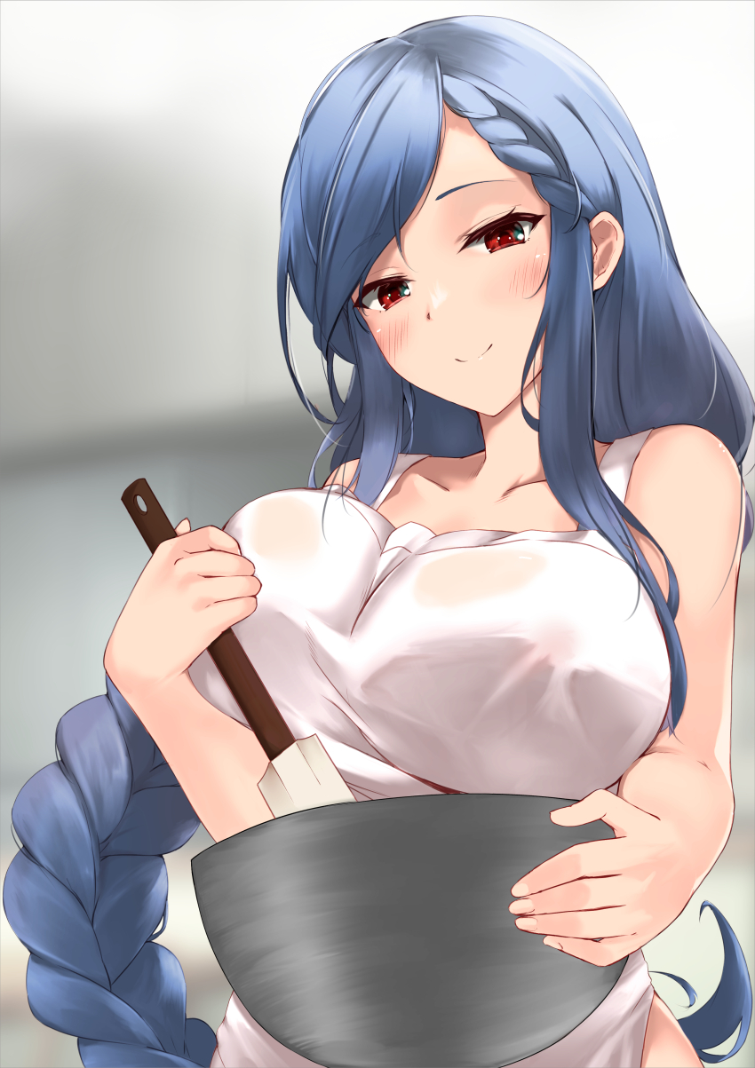 1girl absurdres apron arms_under_breasts bare_shoulders blush bowl braid braided_ponytail breasts closed_mouth collarbone cooking covered_erect_nipples crown_braid dd_mayohara dizzy_(guilty_gear) guilty_gear guilty_gear_strive hand_on_own_chest highres large_breasts long_hair looking_at_viewer low-tied_long_hair mature_female naked_apron nipples queen_dizzy red_eyes see-through_apron see-through_clothes sidelocks sleeveless smile solo spatula stirring swept_bangs white_apron