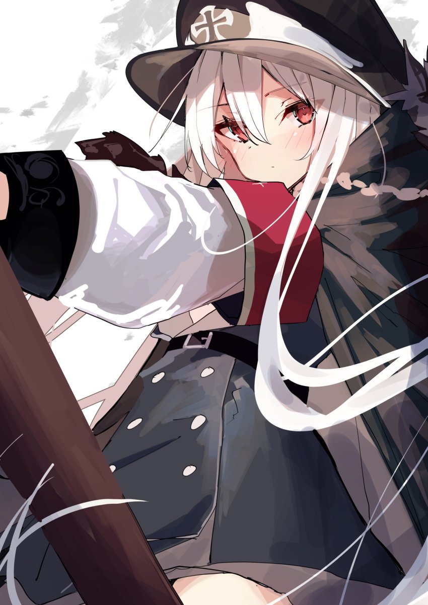 1girl absurdres armband belt belt_buckle black_belt black_coat black_dress black_hat blush bolt_action buckle coat cross dress eyes_visible_through_hair fur-trimmed_coat fur_trim girls&#039;_frontline gun hat highres holding holding_gun holding_weapon iron_cross kamiya_mitobe kar98k_(girls&#039;_frontline) long_hair mauser_98 peaked_cap red_eyes rifle simple_background solo weapon white_hair