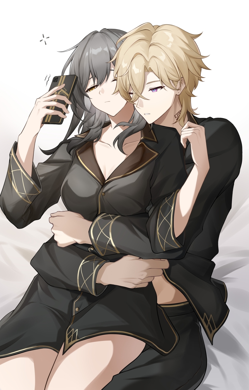 1boy 1girl absurdres alternate_costume arms_around_waist aventurine_(honkai:_star_rail) black_pajamas black_pants black_shirt blonde_hair breasts buttons cellphone chuideng closed_mouth collarbone collared_shirt commentary_request couple gold_trim grey_hair half-closed_eyes hands_up hetero highres holding holding_phone honkai:_star_rail honkai_(series) hug hug_from_behind large_breasts long_hair long_sleeves looking_at_phone matching_outfits neck_tattoo no_pants one_eye_closed pajamas pants parted_lips phone purple_eyes shirt short_hair sitting sitting_on_lap sitting_on_person sleepy smartphone squeans stelle_(honkai:_star_rail) tattoo trailblazer_(honkai:_star_rail) white_background yellow_eyes