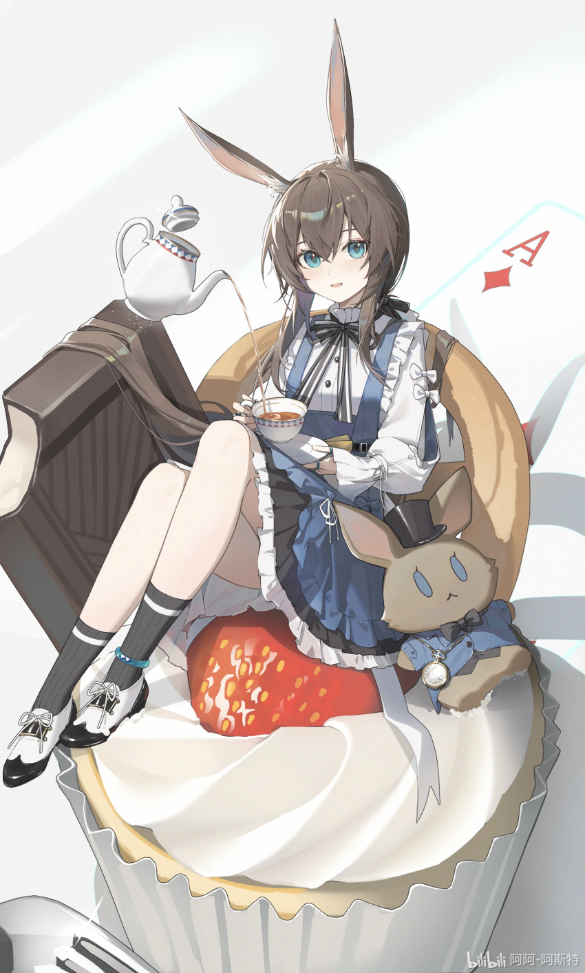 1girl aa-aster absurdres alternate_costume amiya_(arknights) animal_ear_fluff animal_ears arknights black_socks blue_dress blue_eyes blush brown_hair cup dress frilled_shirt frills hair_between_eyes highres holding holding_cup holding_plate long_hair looking_at_viewer open_mouth plate rabbit_ears rabbit_girl shirt shoes sidelocks sitting socks solo tea teacup white_shirt white_shoes