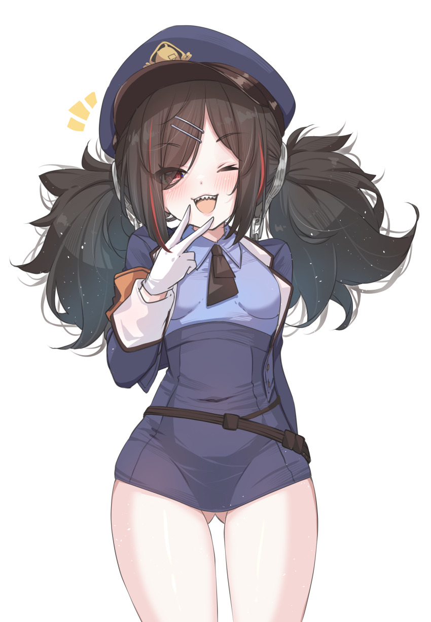 1girl :d absurdres azur_lane black_hair black_necktie blue_hat blush breasts commentary covered_navel gloves gluteal_fold hair_ornament hairclip hand_up hat highres looking_at_viewer low_twintails medium_hair mikuchi3939 multicolored_hair necktie notice_lines official_alternate_costume one_eye_closed open_mouth peaked_cap police police_hat police_uniform policewoman red_eyes red_hair red_streaks sharp_teeth simple_background small_breasts smile solo teeth twintails u-37_(azur_lane) u-37_(safekeeper_of_the_streets)_(azur_lane) v white_background white_gloves
