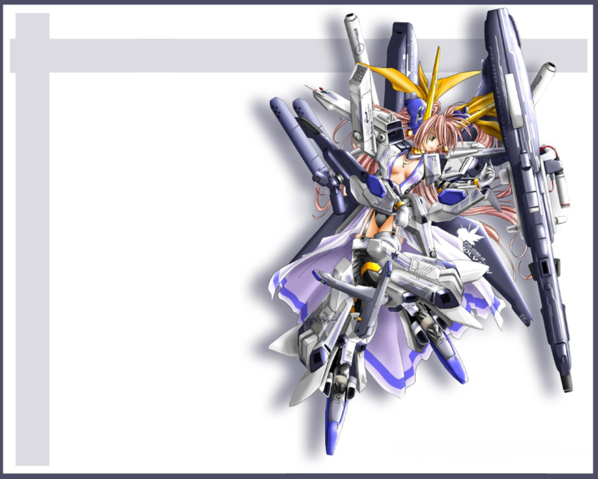 1girl armor armored_boots boots cannon fazz_(gundam) female_focus full_armor_zz_gundam full_body gundam gundam_sentinel huge_weapon long_hair looking_at_viewer machinery mecha_musume pink_hair simple_background solo standing very_long_hair weapon white_background