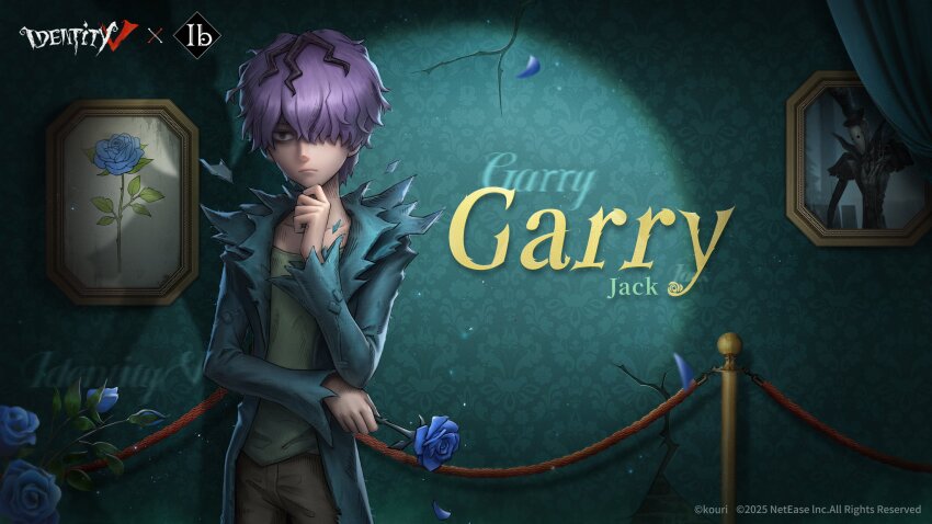 1boy black_hair blue_coat blue_flower blue_rose brown_pants character_name closed_mouth coat commentary copyright_name copyright_notice cowboy_shot crack cracked_wall different_shadow english_commentary english_text falling_petals flower frown garry_(ib) green_shirt grey_eyes hair_over_one_eye hand_on_own_chin hand_up highres holding holding_flower ib_(kouri) identity_v indoors jack_(identity_v) logo long_sleeves looking_at_viewer male_focus multicolored_hair official_art open_clothes open_coat painting_(object) pants petals purple_hair rose rose_petals shirt short_hair solo spotlight stanchion standing torn_clothes torn_coat torn_sleeves two-tone_hair