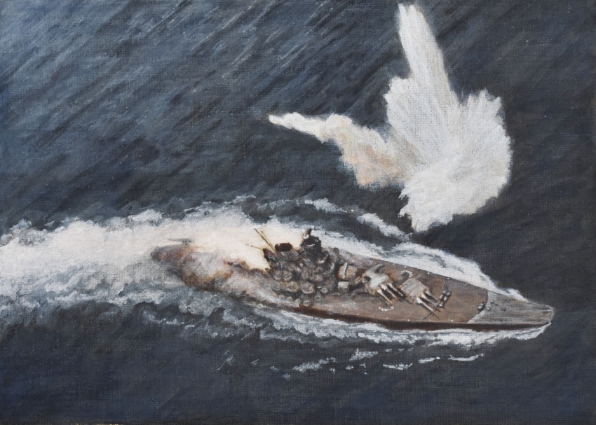 absurdres acrylic_paint_(medium) atelier_bono battleship cannon explosion fire from_above highres historical_event imperial_japanese_navy military_vehicle no_humans ocean operation_ten-gou original painting_(medium) photo-referenced ship ship_turret smoke smokestack traditional_media vehicle_focus warship watercraft waves world_war_ii yamato_(battleship)