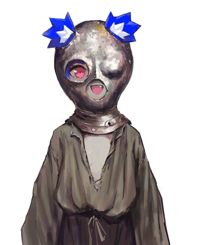 1girl animal_ear_fluff animal_ears arms_at_sides baggy_clothes bear_ears bear_girl belt_around_waist blue_hair breasts brown_shirt brown_tunic center_opening collared_shirt commentary cosplay elden_ring english_commentary fang go!_go!_gris! grin gris_(go!_go!_gris!) helmet highres long_eyelashes long_sleeves no_bra one_eye_covered open_mouth original pink_eyes prisoner_(elden_ring) prisoner_(elden_ring)_(cosplay) puffy_sleeves rust shirt simple_background small_breasts smile solo standing straight-on tarnished_(elden_ring) tarnished_(elden_ring)_(cosplay) thick_eyelashes torn_clothes torn_shirt tunic upper_body v-neck vertigris white_background