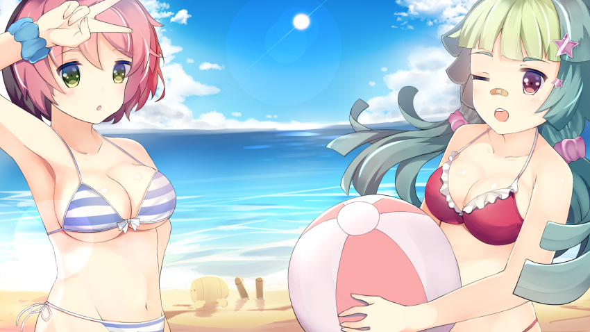 2girls :o ;o ball bandaid bandaid_on_face beach beachball bikini black_hair blue_bikini blue_sky blush breasts cleavage cloud collarbone commentary day english_commentary facing_viewer feet_out_of_frame frilled_bikini frills green_eyes green_hair groin hair_between_eyes hair_ornament hairband hairclip highres holding holding_ball holding_beachball long_hair looking_at_viewer medium_breasts mocha_(osu!) multicolored_hair multiple_girls navel nude one_eye_closed open_mouth osu! outdoors pink_hair pippi_(osu!) purple_eyes red_bikini short_hair shovel sky small_breasts striped_bikini striped_clothes sun swimsuit sylux teeth upper_teeth_only v white_bikini