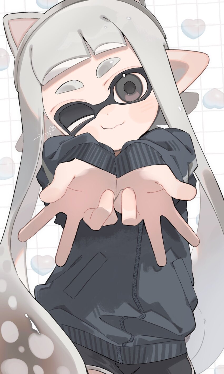 1girl animal_ear_hairband animal_ears black_eyes black_shorts black_sweater cat_ear_hairband cat_ears closed_mouth commentary double_w fake_animal_ears grey_hair grid_background hairband heart highres inkling inkling_girl inkling_player_character long_hair looking_at_viewer nintendo one_eye_closed sabata_saba shorts signature sleeves_past_wrists solo splatoon_(series) splatoon_3 sweater tentacle_hair w