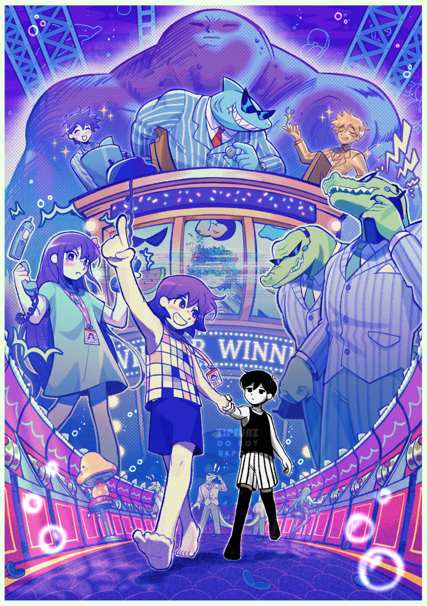 2girls 6+boys absurdres aubrey_(omori) barefoot black_eyes black_hair black_thighhighs blue_shirt blush bow closed_eyes closed_mouth expressionless gator_guy_(omori) grin hair_bow hero_(omori) highres holding holding_phone id_card kel_(omori) lanyard long_hair looking_at_another mermaid monster_girl mr._jawsum multiple_boys multiple_girls omori omori_(omori) parted_lips phone pink_bow pluto_(omori) pout purple_eyes purple_hair shirt short_hair short_sleeves shorts sleeveless sleeveless_shirt slot_machine smile statue sunglasses teeth thighhighs walkie-talkie zipsunz