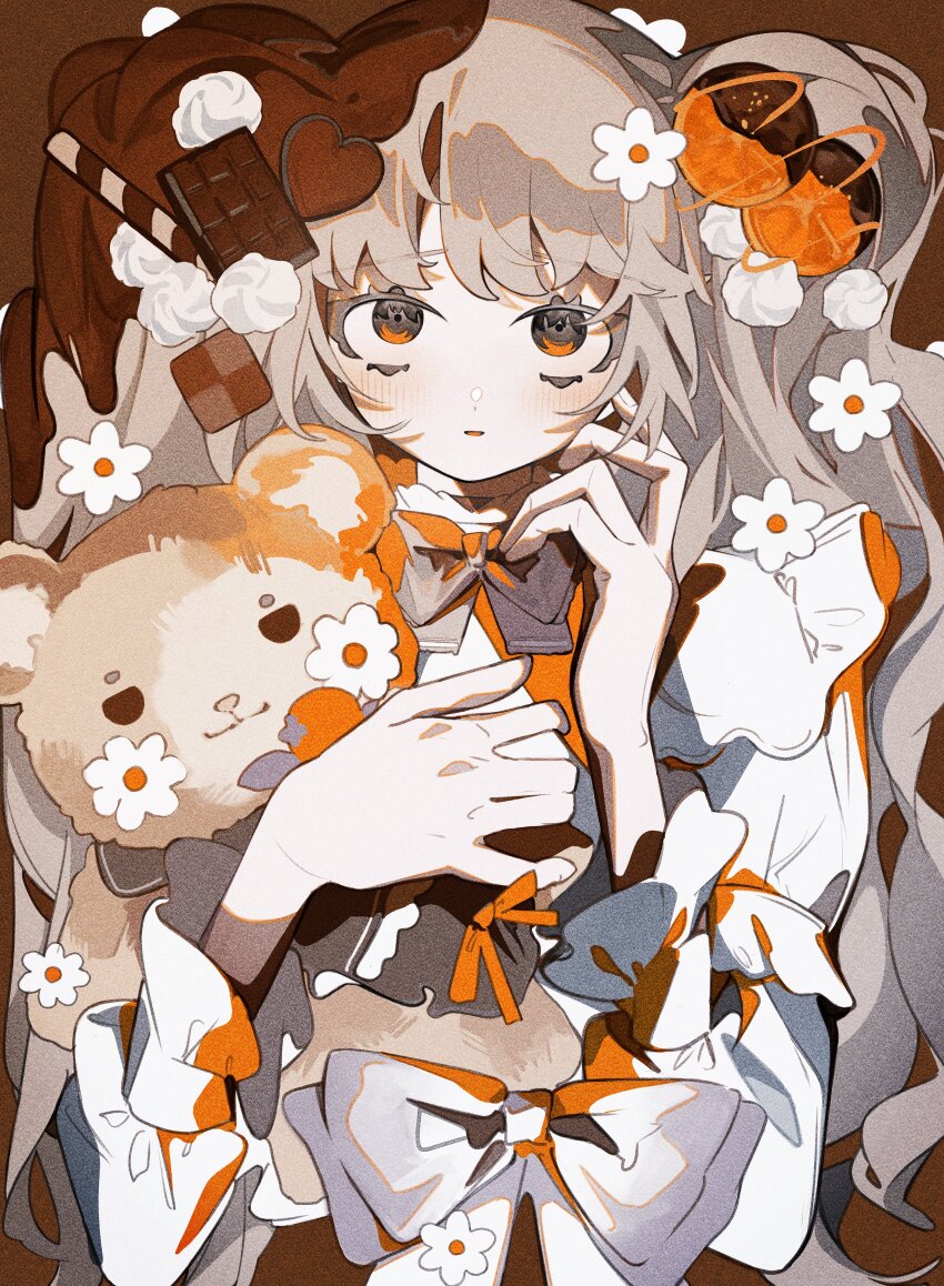 1girl absurdres blonde_hair blush bow bowtie brown_background brown_bow brown_bowtie chocolate_hair_ornament commentary film_grain flower food-themed_hair_ornament frilled_sleeves frills hair_flower hair_ornament hand_on_own_cheek hand_on_own_face hands_up heart heart_hair_ornament highres holding holding_stuffed_toy long_hair long_sleeves looking_at_viewer no_sclera open_mouth orange_bow orange_eyes orange_hair_ornament original shirt simple_background solo straight-on stuffed_animal stuffed_toy symbol-only_commentary teddy_bear toasu twintails upper_body upturned_eyes white_bow white_flower white_shirt