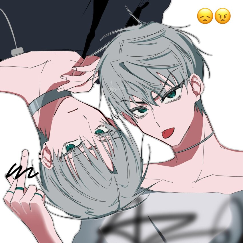1boy alien_stage black_shirt choker dual_persona emoji green_eyes grey_choker grey_hair highres jewelry kyon_(zmwh8222) male_focus middle_finger print_shirt ring rotational_symmetry shirt short_hair till_(alien_stage) tongue tongue_out very_short_hair white_shirt
