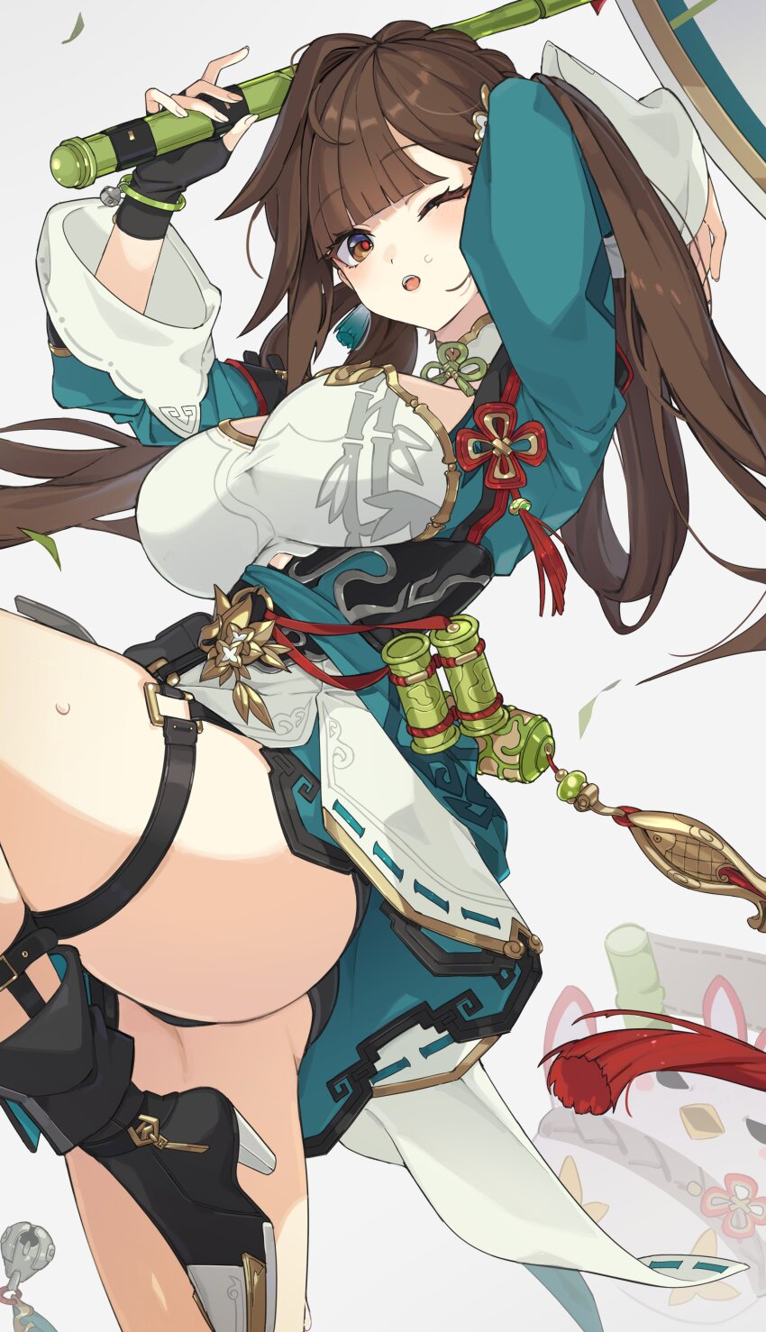 1girl absurdres arms_up awe_(adorableduckyy) black_boots black_gloves black_shorts boots breasts brown_hair chinese_clothes dress fingerless_gloves gloves grey_background high_heel_boots high_heels highres holding holding_umbrella honkai_(series) honkai_impact_3rd jingwei_(bird) large_breasts leg_up li_sushang li_sushang_(peregrine_sword) long_hair looking_at_viewer one_eye_closed open_mouth red_pupils shorts solo sweatdrop tassel thigh_strap thighs umbrella very_long_hair white_dress yellow_eyes