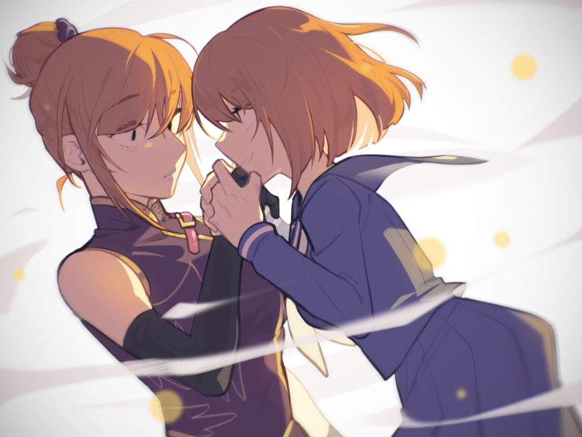 2girls aged_down bare_shoulders black_gloves blue_serafuku china_dress chinese_clothes dark_persona dress dual_persona elbow_gloves evil_smile eyebrows_hidden_by_hair from_side gloves hair_bun highres holding_hands horrified long_sleeves looking_at_another multiple_girls neckerchief orange_hair purple_dress scared school_uniform serafuku short_hair sidelocks single_hair_bun sleeveless smile teeth tian_niunai_hezi umineko_no_naku_koro_ni ushiromiya_eva white_background white_neckerchief