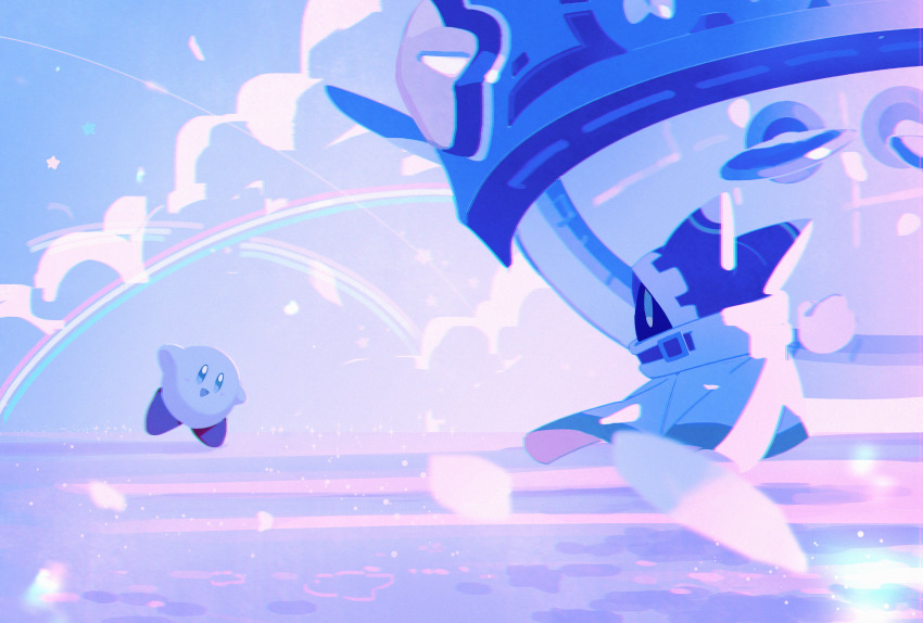 absurdres cape cloud disembodied_hand highres higuchi_megumi kirby kirby&#039;s_return_to_dream_land kirby_(series) lor_starcutter magolor nintendo no_humans open_mouth outdoors petals rainbow rayman_limbs ship sky sparkle watercraft