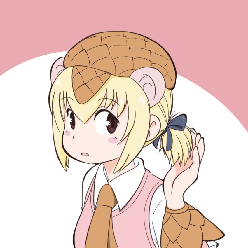 1girl alternate_hairstyle blonde_hair blue_bow blush bow brown_eyes brown_necktie newsboy_cap extra_ears giant_pangolin_(kemono_friends) hair_between_eyes hair_bow hat kemono_friends long_sleeves morinexxx necktie pangolin_ears pink_vest ponytail scales shirt short_hair sidelocks sleeve_cuffs solo vest white_shirt