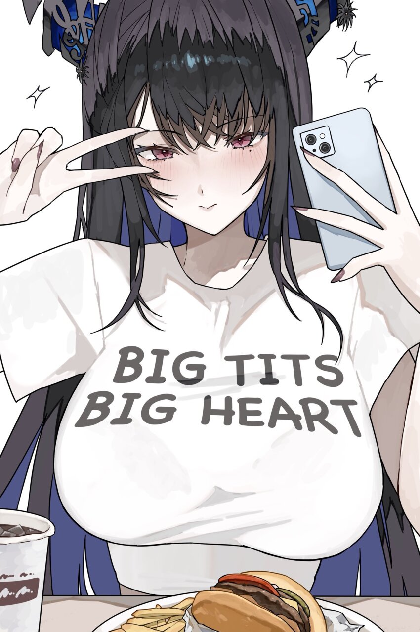 1girl asymmetrical_horns black_hair blue_hair breasts burger colored_inner_hair cup demon_horns disposable_cup ewn food french_fries highres holding holding_phone hololive hololive_english horns huge_breasts large_breasts long_hair looking_at_viewer mole mole_under_eye multicolored_hair nerissa_ravencroft phone red_eyes second-party_source shirt short_sleeves simple_background sparkle t-shirt two-tone_hair v v_over_eye virtual_youtuber white_background white_shirt