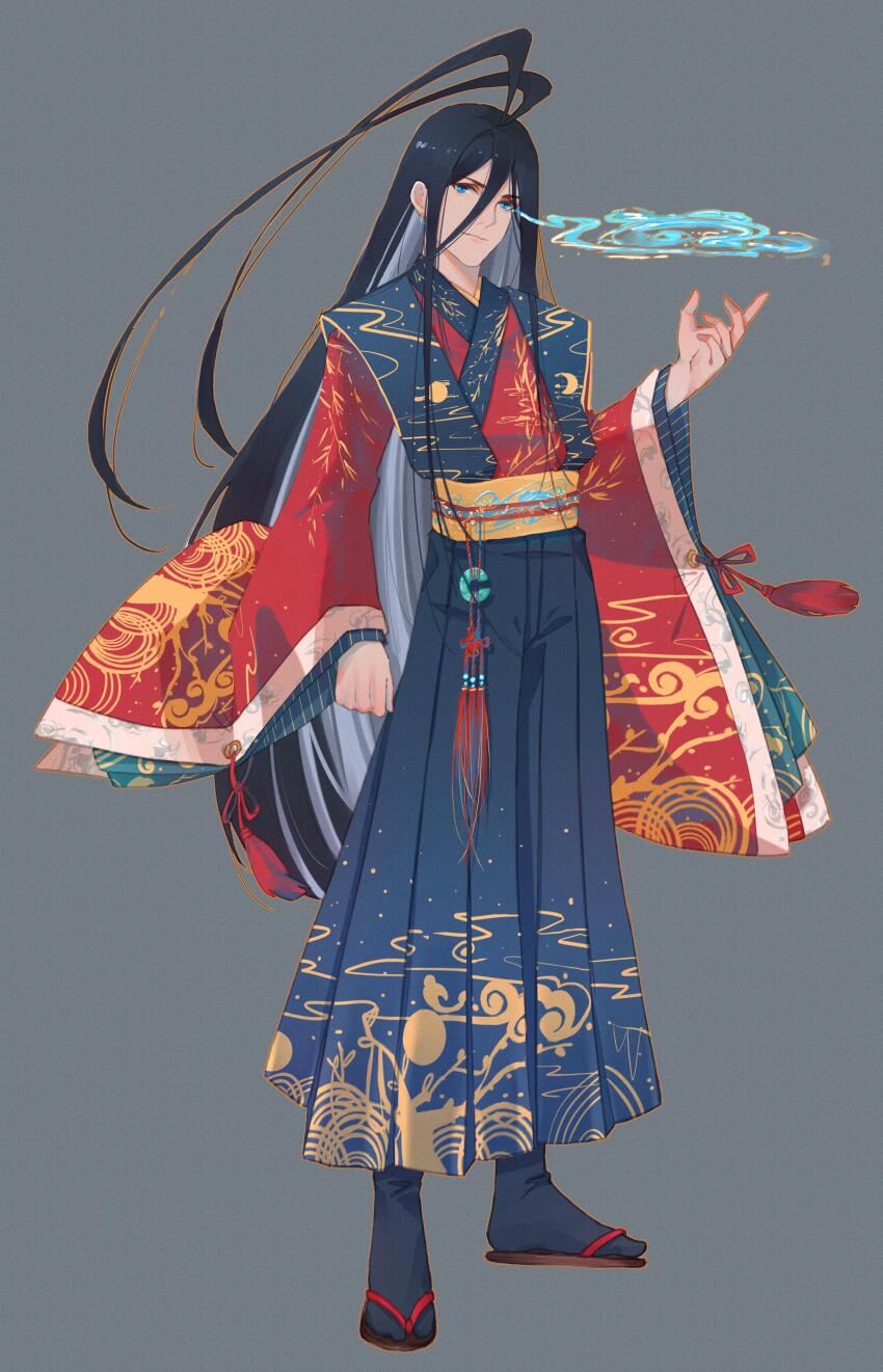 1boy absurdres aerokinesis antenna_hair black_hair black_sandals black_socks blue_eyes blue_pants blue_shirt chinese_clothes cloud_print colored_inner_hair dongfang_yuechu flip-flops full_body grey_background hanfu highres huyao_xiao_hongniang jade_(gemstone) long_hair long_sleeves looking_at_viewer multicolored_hair pants pleated_pants red_sleeves sandals shirt smile socks solo standing tassel very_long_hair white_hair wide_sleeves wind yi_er_san