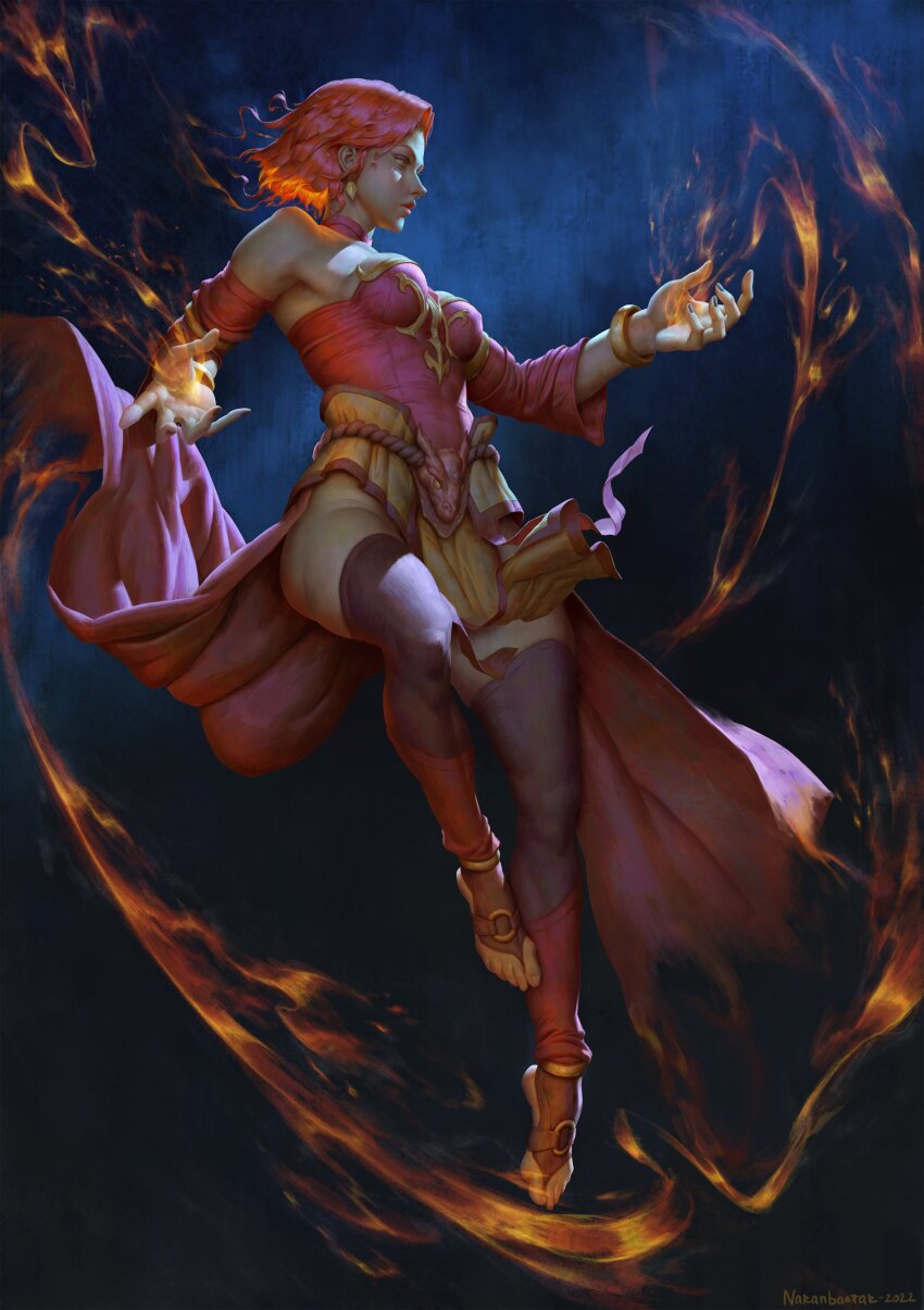 1girl absurdres bare_shoulders breasts commentary detached_sleeves dota_(series) dota_2 dress earrings english_commentary fire full_body highres jewelry lina_(dota) lips medium_breasts medium_hair naranbaatars orange_eyes orange_hair pelvic_curtain red_dress red_sleeves red_thighhighs solo stirrup_legwear strapless strapless_dress thighhighs toeless_legwear toenails toes