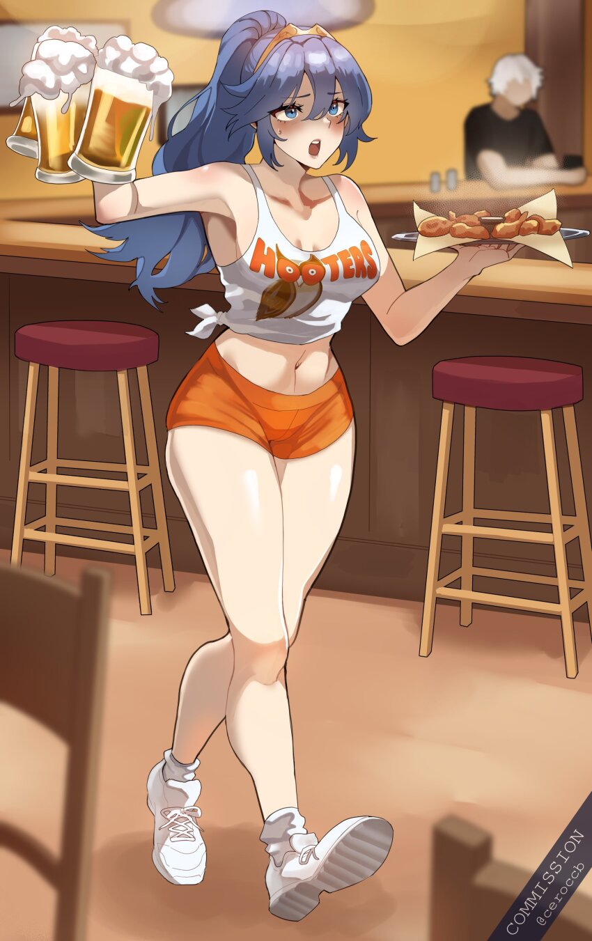 1boy absurdres alcohol beer beer_mug ceroccb chicken_wing cup employee_uniform fire_emblem fire_emblem_awakening highres hooters lucina_(fire_emblem) male_robin_(fire_emblem) mug navel nintendo no_legwear orange_shorts ponytail print_tank_top short_shorts shorts tank_top waitress
