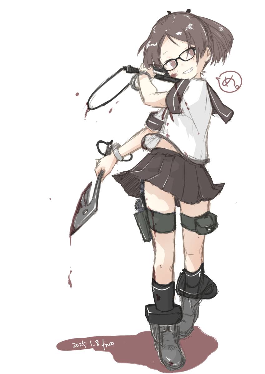 1girl absurdres artist_name axe bespectacled black_socks brown_eyes brown_hair brown_sailor_collar brown_skirt character_name dated full_body fyuo glasses grin highres holding holding_axe kantai_collection pleated_skirt ponytail sailor_collar school_uniform serafuku shadow shikinami_(kancolle) short_hair short_sleeves simple_background skirt smile socks solo thigh_strap white_background