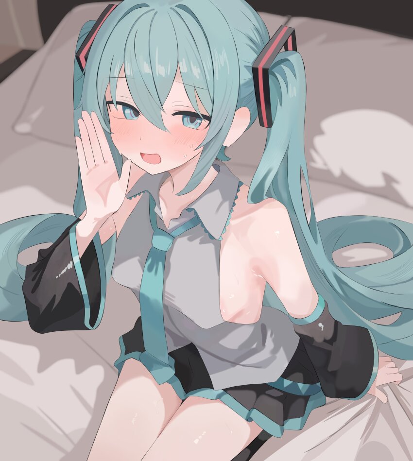 1girl absurdres aqua_eyes aqua_hair aqua_necktie aqua_trim arm_support armpit_peek bare_shoulders bed bed_sheet black_skirt black_sleeves blush breasts collared_shirt commentary covered_erect_nipples cowboy_shot crossed_bangs detached_sleeves dot_nose frilled_shirt frills grey_shirt hair_between_eyes hair_ornament hand_to_own_mouth hand_up hatsune_miku highres indoors laceys_es long_hair looking_at_viewer medium_breasts miniskirt necktie no_bra on_bed open_mouth pillow pleated_skirt shirt sideboob sidelocks sitting skirt sleeveless sleeveless_shirt solo sweat thighs twintails untucked_shirt very_long_hair vocaloid wide_sleeves