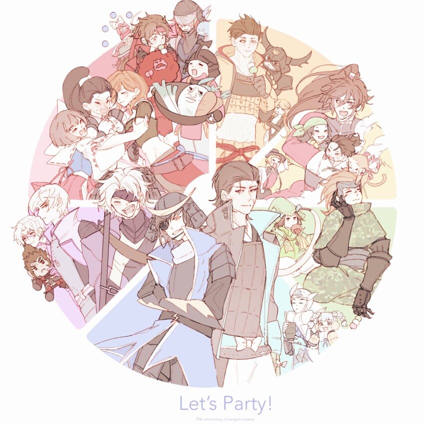1other 6+boys 6+girls :d :t =_= anniversary armor black_bodysuit black_hair blonde_hair blush bodysuit brown_eyes brown_hair chibi chousokabe_motochika_(sengoku_basara) color_wheel_challenge cooking_pot cup dango date_masamune_(sengoku_basara) eating english_text expressionless eye_mask fishnets food food_with_face fuuma_kotarou_(sengoku_basara) highres hikatwinkle holding holding_cooking_pot honda_tadakatsu_(sengoku_basara) hug ii_naotora_(sengoku_basara) ishida_mitsunari_(sengoku_basara) itsuki_(sengoku_basara) japanese_armor japanese_clothes kasuga_(sengoku_basara) katakura_kojuurou_(sengoku_basara) kobayakawa_hideaki_(sengoku_basara) long_hair looking_at_another looking_at_viewer maeda_keiji_(sengoku_basara) maeda_toshiie_(sengoku_basara) matsu_(sengoku_basara) medium_hair midriff monkey mouri_motonari_(sengoku_basara) multiple_boys multiple_drawing_challenge multiple_girls muscular muscular_male ootani_yoshitsugu_(sengoku_basara) open_mouth orange_hair otomo_sorin_(sengoku_basara) pale_color plunging_neckline ponytail purple_mask red_hair saika_magoichi_(sengoku_basara) sanada_yukimura_(sengoku_basara) sarutobi_sasuke_(sengoku_basara) sengoku_basara short_hair short_hair_with_long_locks smile sweatdrop takenaka_hanbee_(sengoku_basara) tokugawa_ieyasu_(sengoku_basara) tsuruhime_(sengoku_basara) uesugi_kenshin_(sengoku_basara) wagashi white_background white_hair yumekichi yunomi