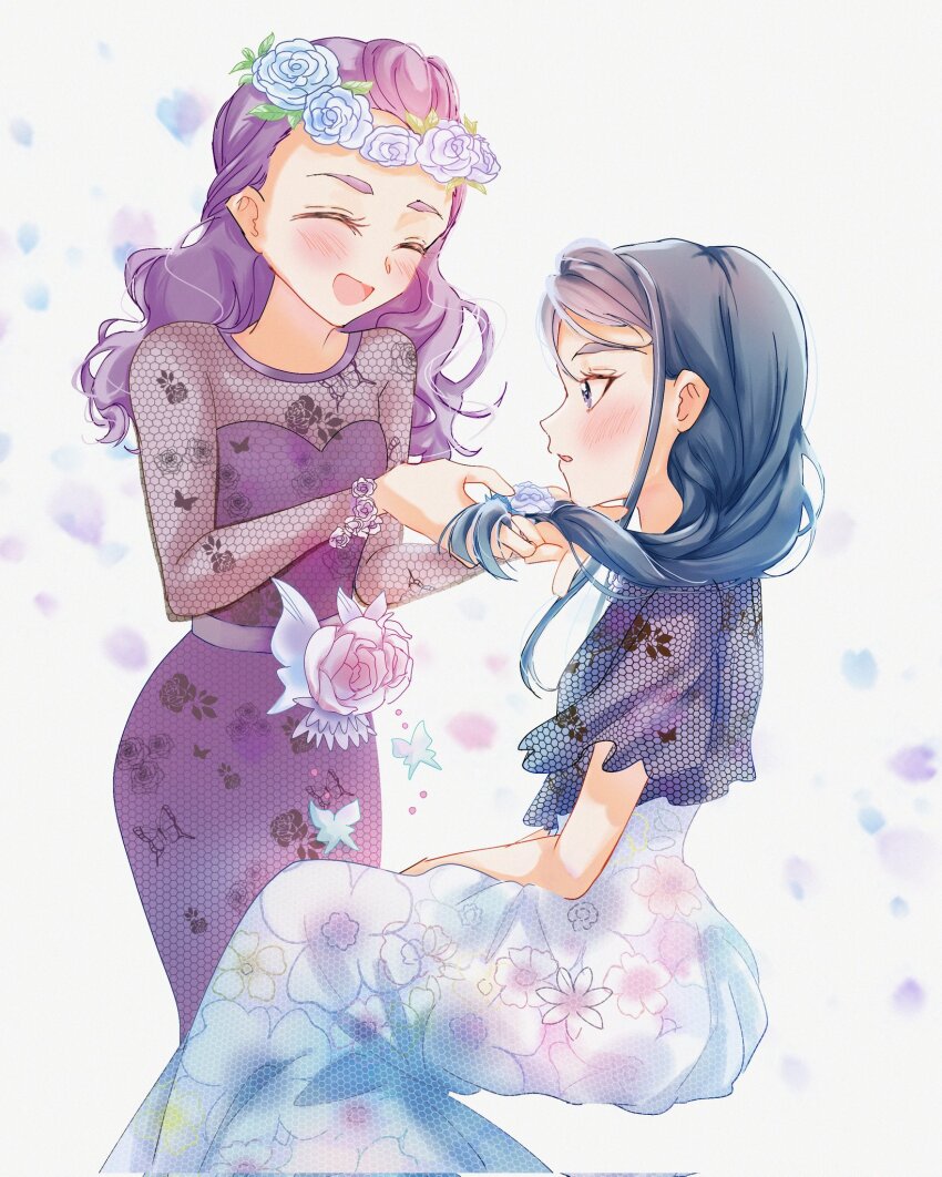 2girls blue_eyes blue_hair blush closed_eyes cure343_55 dress flower head_wreath highres holding_another&#039;s_hair long_hair mimino_kurumi minazuki_karen multiple_girls open_mouth parted_lips precure purple_hair rose sitting smile standing white_background yes!_precure_5 yes!_precure_5_gogo! yuri