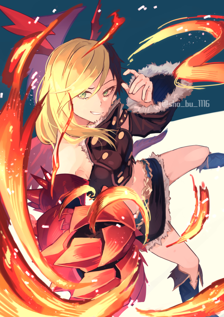 1girl black_boots black_hair black_jacket black_skirt blonde_hair boots breasts crop_top detached_sleeves fire fur-trimmed_skirt fur_trim gauntlets green_eyes head_wings highres jacket kaya_(princess_connect!) long_hair midriff multicolored_hair princess_connect! sho_bu_1116 single_gauntlet skirt sleeveless sleeveless_jacket small_breasts solo tail twitter_username two-tone_hair watermark wings