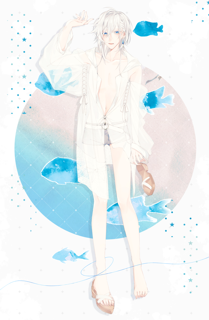 1boy absurdres arm_up barefoot belt blue_eyes circle clothes_pull collarbone commentary_request earrings fish_background full_body grey_hair highres holding holding_shoes holding_unworn_clothes jewelry long_shirt looking_at_viewer male_focus medium_hair mole mole_on_neck mole_under_mouth navel no_nipples open_mouth original pale_skin ribbon see-through_clothes see-through_shirt shirt shirt_pull shoes short_shorts shorts solo tachi-e toes unworn_shoes white_background white_belt white_hair white_ribbon wide_sleeves wu_(user_sevs2252)