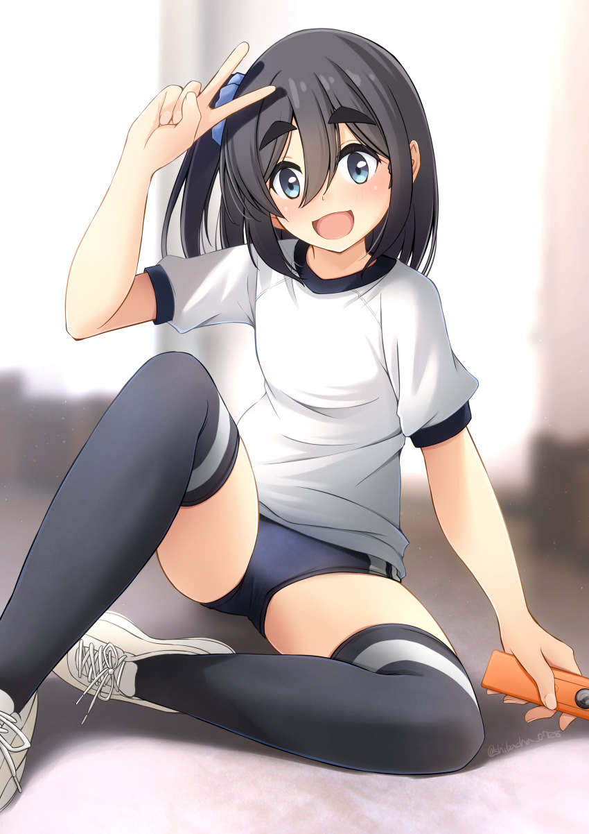 1girl absurdres amamiya black_hair black_thighhighs blue_eyes buruma commentary_request commission gym_shirt gym_uniform highres mono_(afro) one_side_up open_mouth phone pixiv_commission shibacha shirt shoes sitting smile solo thick_eyebrows thighhighs v white_shirt