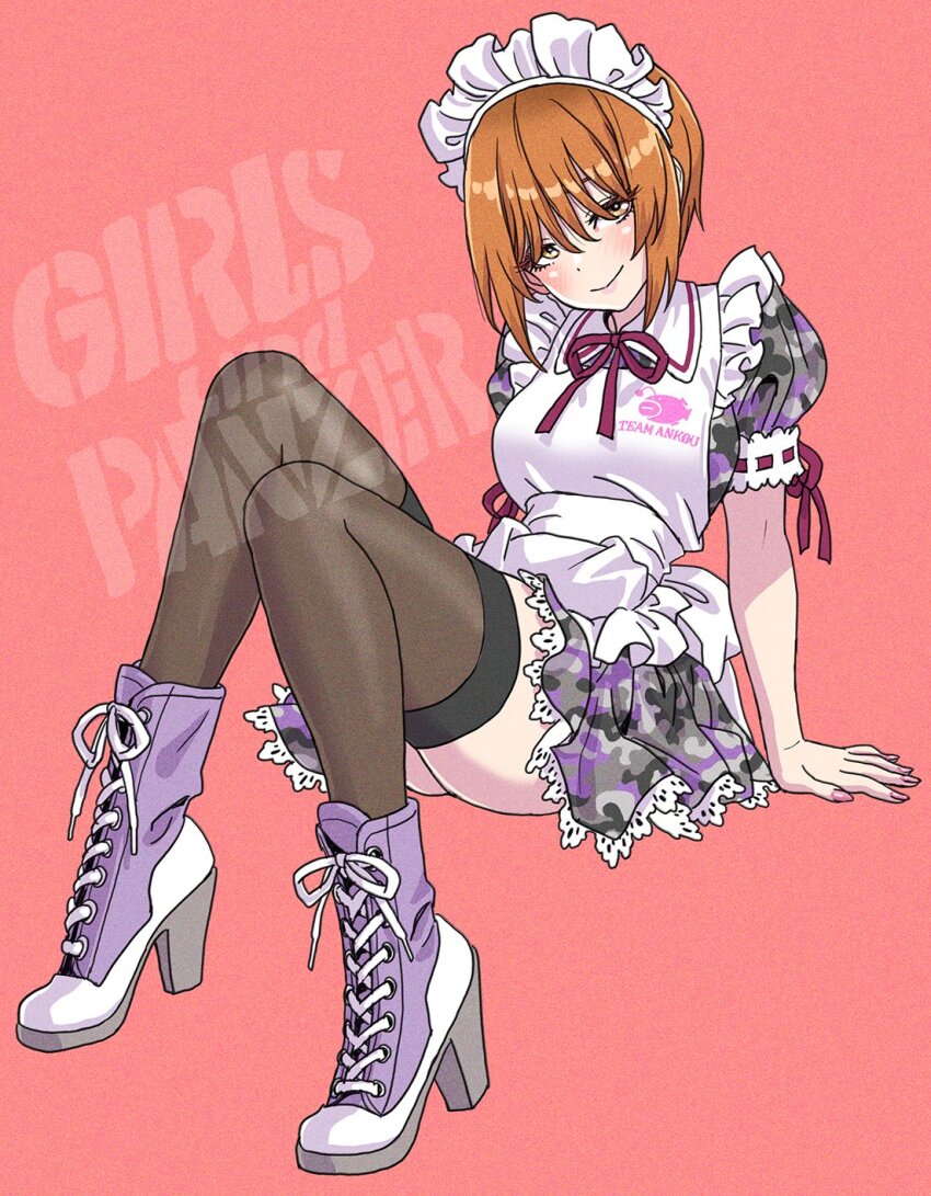 1girl alternate_costume anglerfish apron black_thighhighs blush boots breasts brown_eyes brown_hair copyright_name dress fish girls_und_panzer hands_on_ground high_heel_boots high_heels highres lace-up_boots maid maid_apron maid_headdress nail_polish nishizumi_miho pink_background pink_nails short_dress short_hair short_sleeves smile thighhighs waitress white_apron yamashita_shun&#039;ya