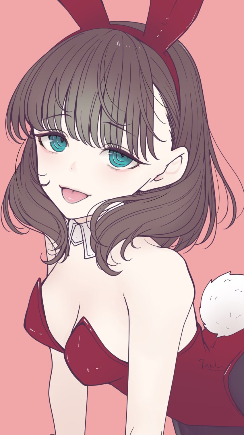 animal_ears bare_shoulders brown_hair green_eyes highres leotard looking_at_viewer playboy_bunny rabbit_ears rabbit_tail sakuma_mayu saltylemontea short_hair simple_background tail tongue tongue_out