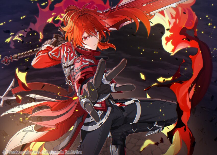 1boy antenna_hair black_gloves black_pants closed_mouth coat coattails collared_jacket cosplay diluc_(genshin_impact) diluc_(red_dead_of_night)_(genshin_impact) foreshortening genshin_impact gloves greatsword hair_between_eyes highres hiki_yuichi jacket long_hair long_sleeves looking_at_viewer male_focus official_alternate_costume pants ponytail red_coat red_eyes red_hair red_jacket sidelocks solo sword weapon wolf&#039;s_gravestone_(genshin_impact)