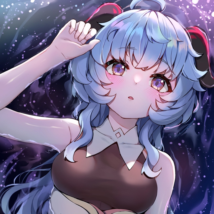 1girl black_bodysuit blue_hair bodysuit commentary_request ganyu_(genshin_impact) genshin_impact goat_horns hair_between_eyes horns long_hair looking_away low_ponytail parted_lips ponytail portrait purple_eyes sidelocks sleeveless solo yutian_alice