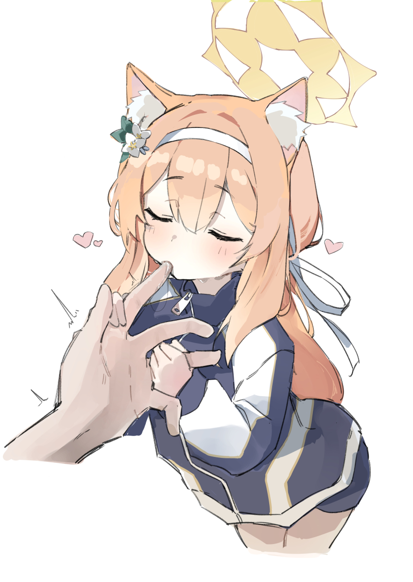 1girl absurdres animal_ears blonde_hair blue_archive cat_ears closed_eyes finger_sucking hair_ornament hair_ribbon hairband halo highres juice10su mari_(blue_archive) mari_(track)_(blue_archive) pants ribbon simple_background solo_focus track_pants track_suit yellow_halo