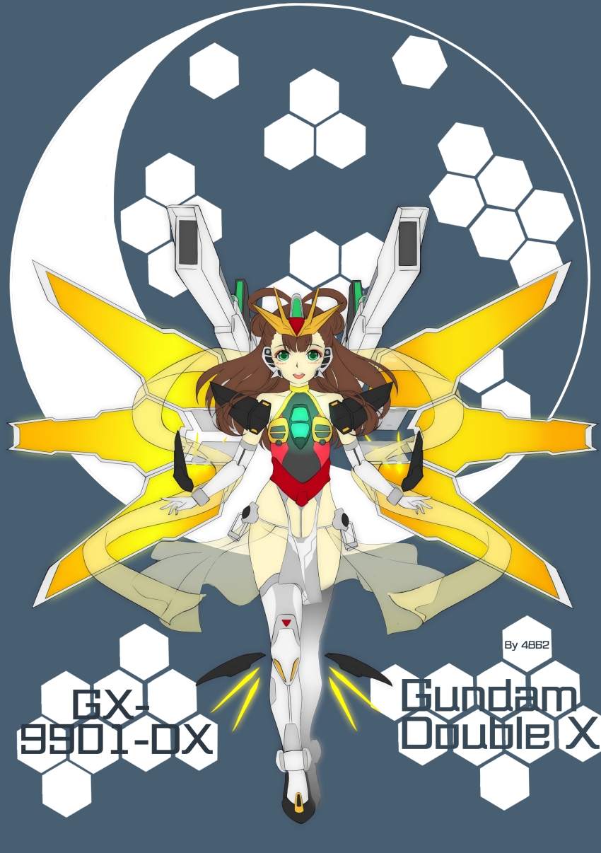 1girl absurdres after_war_gundam_x armor artist_name beam_cannon blush brown_hair character_name collarbone crescent_moon energy_cannon eyeliner full_body green_eyes grey_background gundam gundam_double_x highres long_hair looking_at_viewer makeup mecha_musume moon nanashi_(cht48621) open_mouth satellite_cannon smile solo v-fin weapon