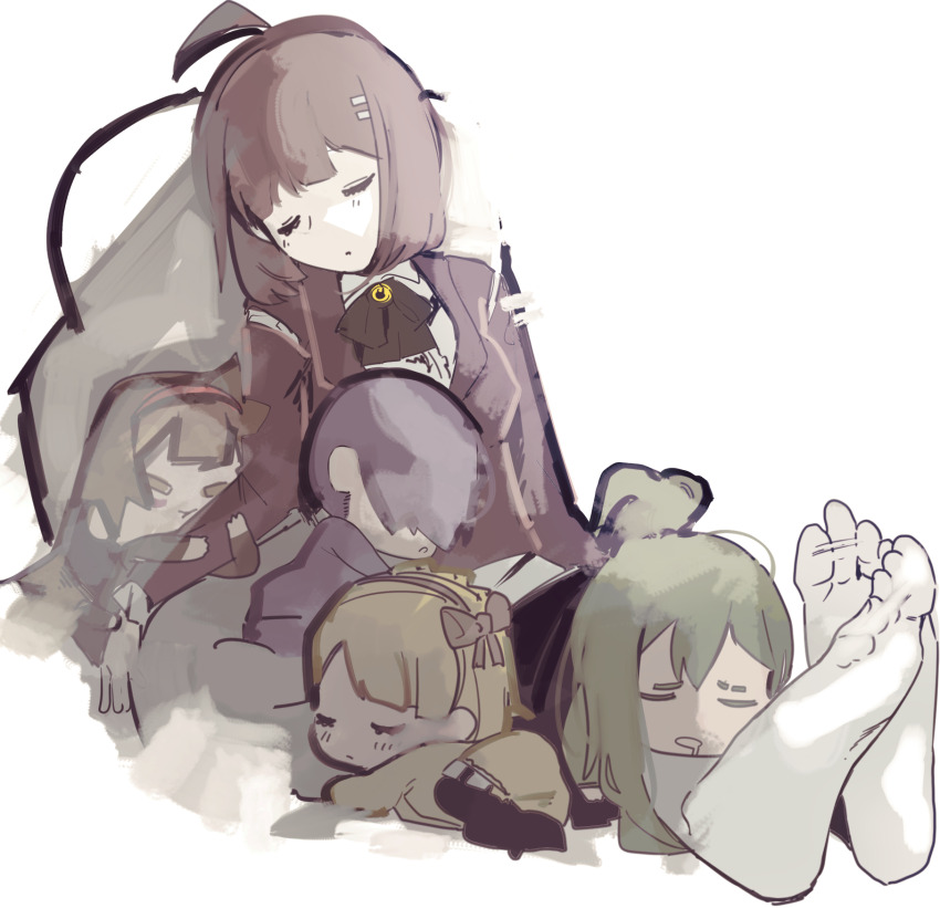 2boys 3girls ahoge blonde_hair bow bowtie brown_bow brown_bowtie brown_coat brown_hair closed_eyes closed_mouth coat feet foreshortening green_hair hair_over_one_eye hairband highres hod_(project_moon) library_of_ruina madotsuki_ren malkuth_(project_moon) mini_person miniboy minigirl multiple_boys multiple_girls netzach_(project_moon) panties project_moon short_hair sleeping tiphereth_a_(project_moon) underwear white_panties yesod_(project_moon)