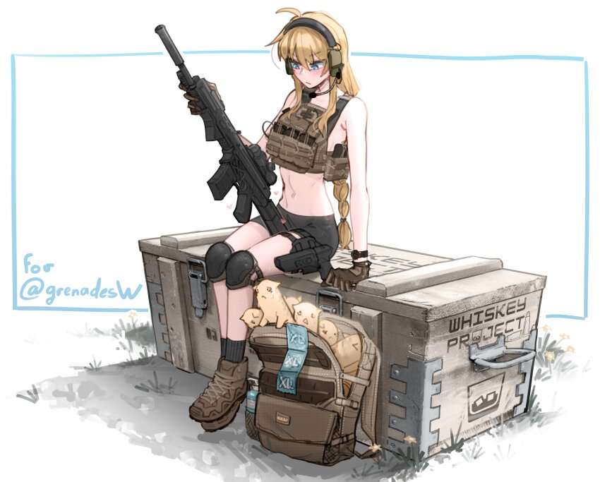 1girl :o absurdres ahoge assault_rifle bag bare_shoulders black_shorts black_socks blonde_hair blue_eyes brown_gloves brown_shoes bulletproof_vest cat_baguette_(popopoka) condom condom_wrapper cz_805_bren gloves gun headset highres holding holding_gun holding_weapon long_hair magazine_(weapon) navel open_bag original popopoka rifle shoes shorts sitting socks solo stomach triangle_mouth weapon whiskey_project