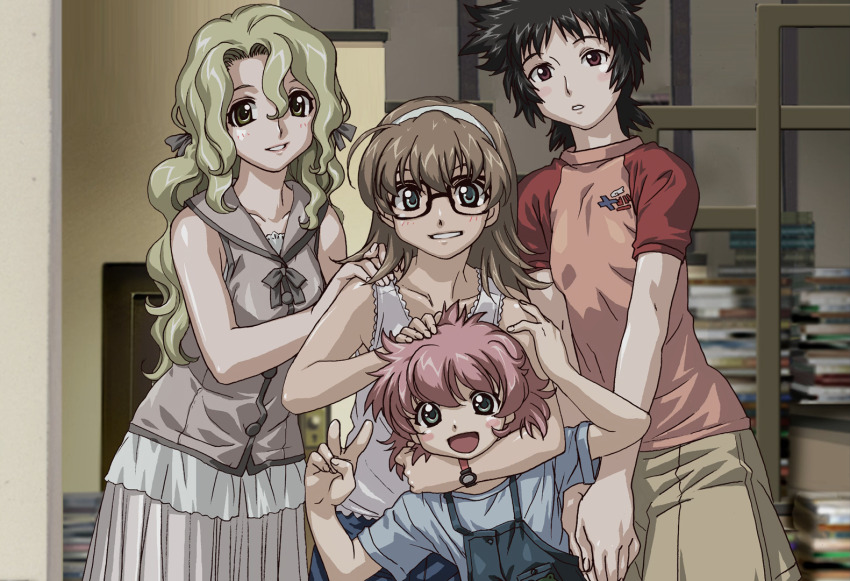 anita_king black-framed_eyewear black_hair blonde_hair brown_hair child dress flat_chest hand_on_another&#039;s_head hand_on_another&#039;s_shoulder maggie_mui messy_hair michelle_cheung non-web_source official_art open_mouth pink_hair r.o.d_the_tv read_or_die shirt short_hair sleeveless sleeveless_dress smile sumiregawa_nenene t-shirt taking_picture tomboy uon_taraku v watch wavy_hair wristwatch