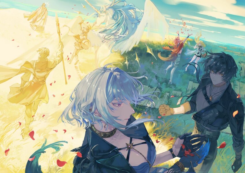 3boys 4girls arms_up avidius_(wuthering_waves) black_gloves black_hair black_jacket blonde_hair cartethyia_(wuthering_waves) commentary fenrico_(wuthering_waves) galbrena_(wuthering_waves) gloves grey_hair grey_shirt hashtag-only_commentary holding holding_polearm holding_sword holding_weapon imperator_(wuthering_waves) jacket lupa_(wuthering_waves) male_rover_(wuthering_waves) medium_hair multiple_boys multiple_girls mya_(wuthering_waves) pink_hair pokkkkaringo polearm purple_eyes rover_(wuthering_waves) shield shirt split_theme sword tail weapon wolf_tail wuthering_waves yellow_eyes